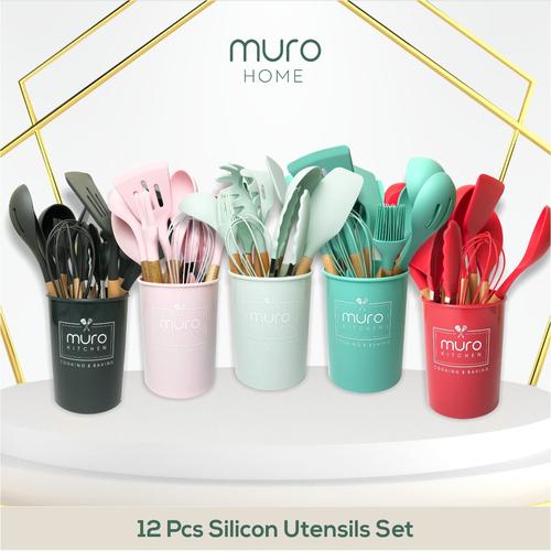 Foto Produk Spatula Sutil Silikon Utensil Set Silicon Kayu Tahan Panas Dark Gray - Mint, Tanpa Merk dari Muro Home