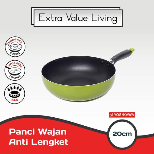 Foto Produk YOSHIKAWA Teflon/Wajan Tumis 20 CM Wok Pan EVL-CL-12-01 Hijau dari Extra Value Living