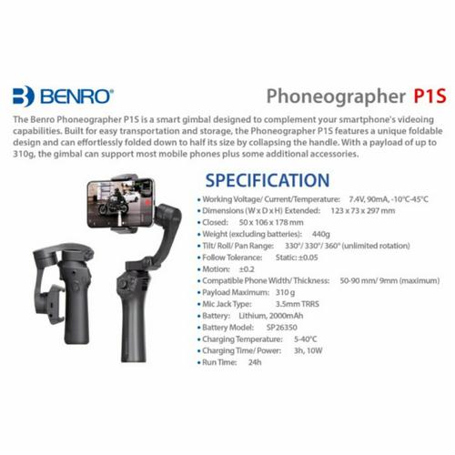Jual Benro Phoneographer P1S-3 Axis Gimbal Stabilizer Kota