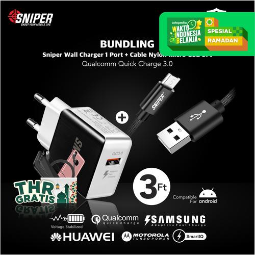 Foto Produk BUNDLING Sniper Wall Charger 1 QC 3.0 + Nylon Braided Micro USB 3ft dari Sniper Indonesia