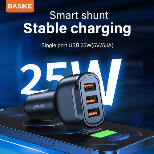 Foto Produk BASIKE 25W Car Charger Mobil Fast Charging Mobil 3 Keluaran USB - Hitam dari Basike Official Store