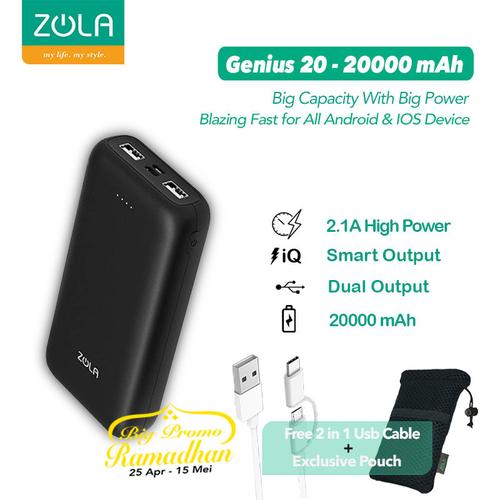 Foto Produk ZOLA Genius 20 Powerbank 20000mAh Fast Charging 2.1A - Hitam dari Zola Indonesia