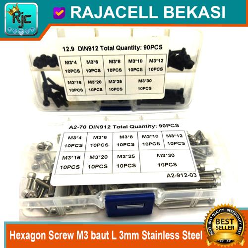 Foto Produk 90pcs Hexagon Screw M3 baut L 3mm Stainless Steel Alloy DIN912 12.9 dari RAJACELL BEKASI