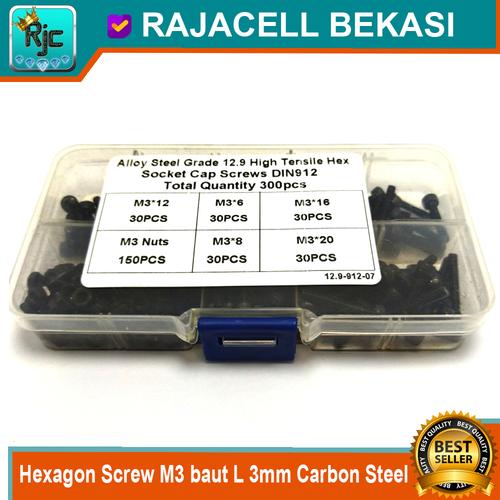 Foto Produk 300pcs Hexagon Screw M3 baut L 3mm Carbon Steel Alloy DIN912 12.9 dari RAJACELL BEKASI