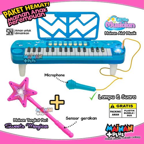 Foto Produk PAKET MAINAN ANAK PEREMPUAN PINKY PIANO KEYBOARD + TONGKAT PERI AJAIB - Piano Blue dari MainanPlus
