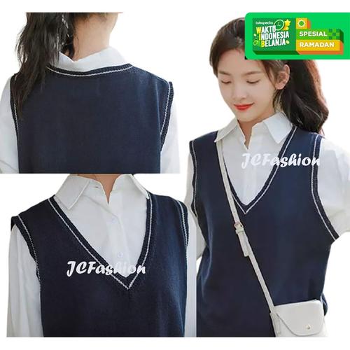 Foto Produk Rompi Rajut Wanita Knit Vest Vneck Variasi List Nathanie - JCFashion - Navy, S dari JC-Fashion