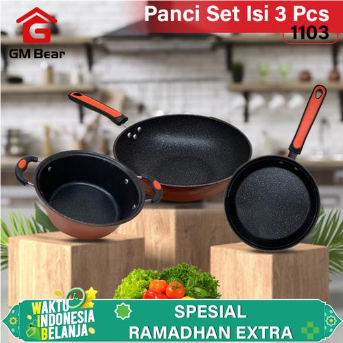Foto Produk GM Bear Set Panci Teflon Marble Coating 1103-Panci Set isi 3pcs dari GM Bear