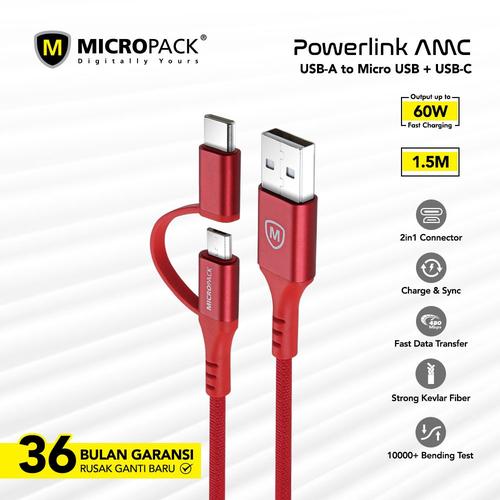 Foto Produk MICROPACK CABLE 2 IN 1 USB A TO MICRO & TYPE C 1.2M (MC-AC13) - Merah dari Micropack Official Store