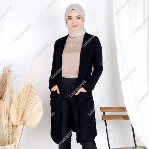 Foto Produk Long Cardigan Outerwear Cardi Wanita Bahan Spandek - Hitam, XL dari JktFazhion