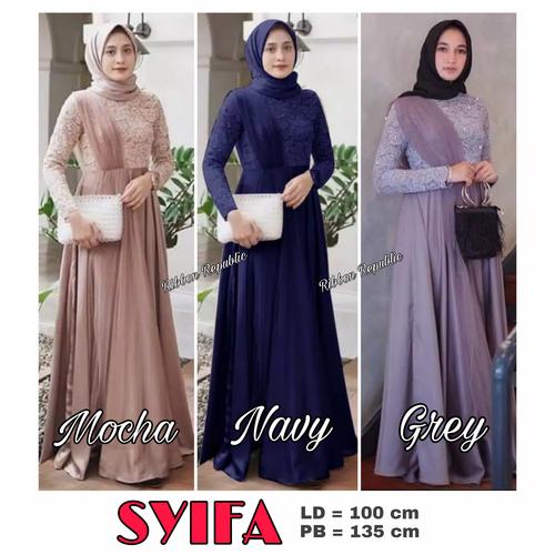 Foto Produk Baju Muslim Dress Gamis Abaya Brukat Lace Wanita Lebaran Pesta Seragam - Navy / Biru Tua, SYIFA dari Ribbon Republic