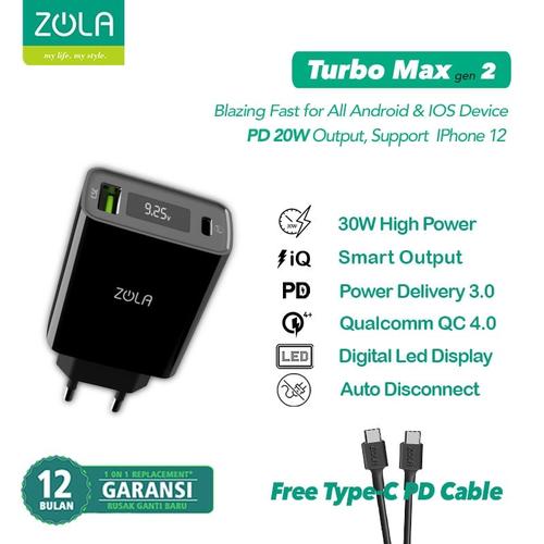 Foto Produk Zola Charger Turbo Max Gen2 QC 3.0 & PD For Ipad pro & Macbook Max 30W - Hitam dari Zola Indonesia
