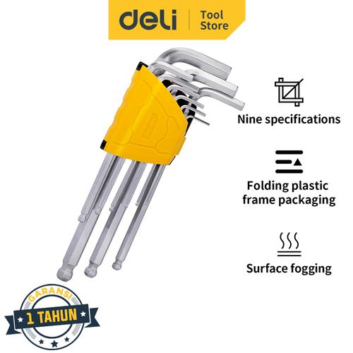 Foto Produk Deli Set Kunci L Panjang 9 Pcs Ukuran 1.5 - 10 mm Ujung Bulat DL30XX - Long dari Deli Tools Official