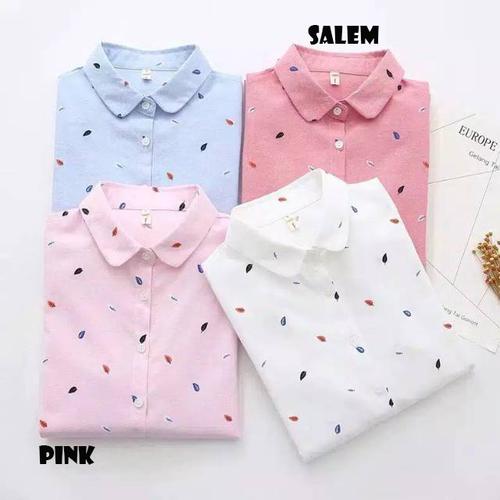 Foto Produk PROMO Baju Kemeja Fashion Leaf Motif Daun Lengan Panjang Wanita Murah - Baby Pink dari Jeant Boutique