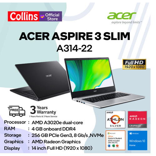 Gambar Acer Aspire 3 Slim A314-22 - AMD A3020e 4GB SSD 256GB 14" FHD W10 OHS dari Collins Official Jakarta Pusat Tokopedia