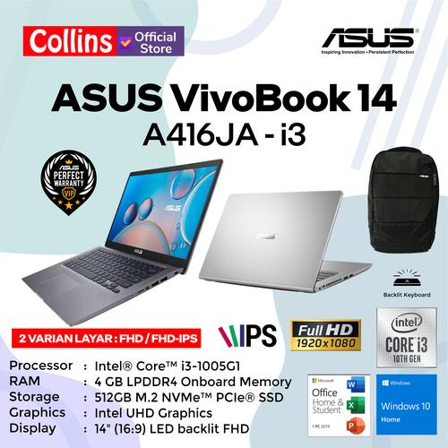 Foto Produk LAPTOP ASUS VIVOBOOK A416JA I3-1005G1 4GB 512GB 14" W10 KB BACKLIT OHS - 14" FHD IPS dari Collins Official