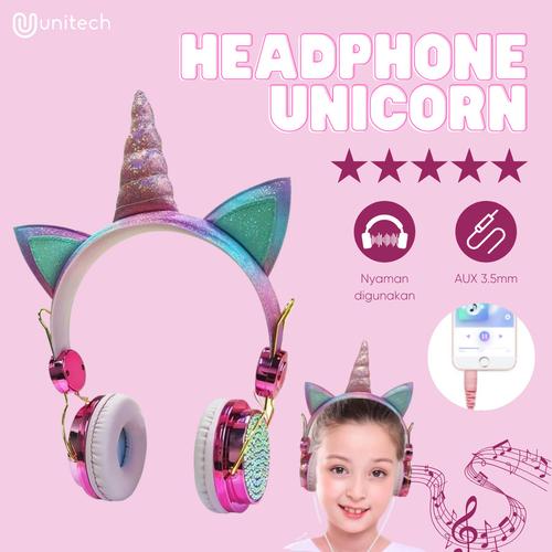 Foto Produk Unitech Headset Earphone Headphone Anak Unicorn Bando + Microphone - pink dari TokoUsbcom