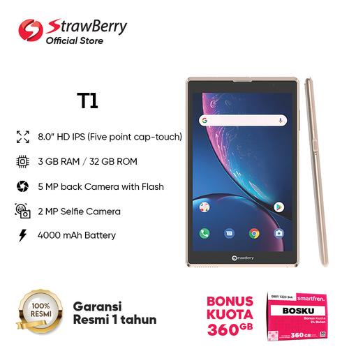 Foto Produk Strawberry T1 Tablet 8 Inci ROM/RAM 3GB/32GB 4G 4000 mAh Garansi Resmi - Emas dari Strawberry Official