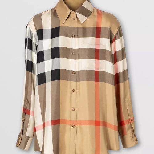 Check Print Silk Twill Oversized Shirt 