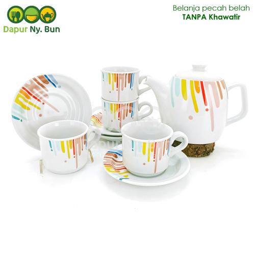 Foto Produk Teko Set Motif RAINBOW / 1 Teko + Tutup / 4 Cangkir + 4 Saucer dari Dapur Ny.Bun
