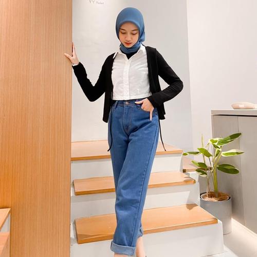 Plain Boyfriend Jeans - Snow Blue+Belt 