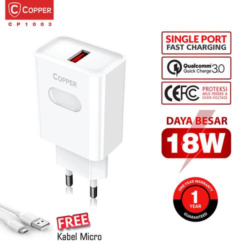 Foto Produk COPPER Charger Single Port 18W + QC 3.0 Fast Charging CP1003 - Hitam dari Copper Indonesia