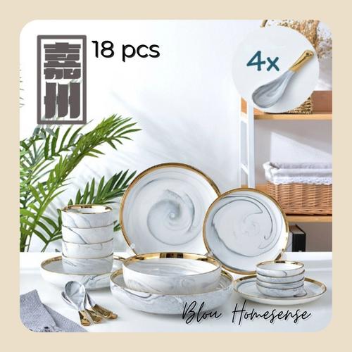 Piring makan marble series 18 pcs 26 pcs Luxury European Gold Rim di Blou  Homesense Tokopedia
