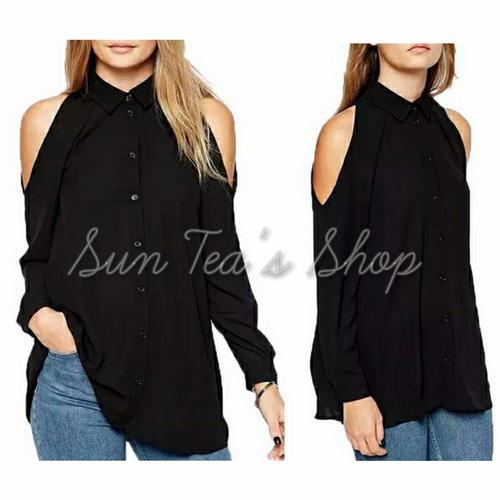 Jual OT370 Black cold shoulder loose 