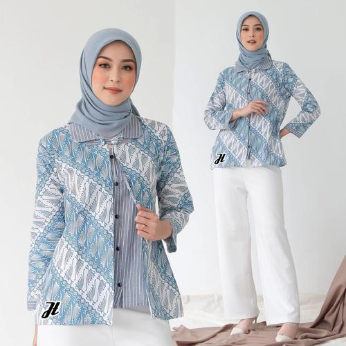 Gambar Baju Batik Blouse Bolero Wanita Kombinasi Motif Kawung Monokrom Modern - Biru Muda, M dari SANTY-COLLECTION Kota Pekalongan Tokopedia