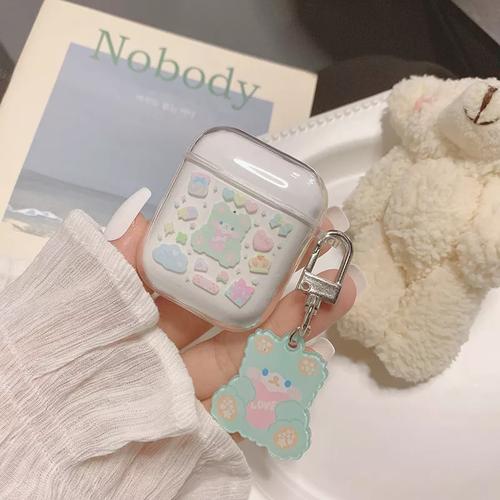 Cute Green Bear with Keychain Airpods 