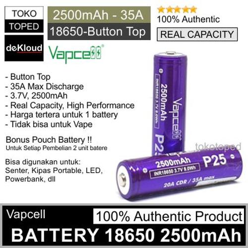 Gambar Original VAPCELL P25 Button-Top 18650 Battery | batre baterai senter dari deKloud undefined Tokopedia