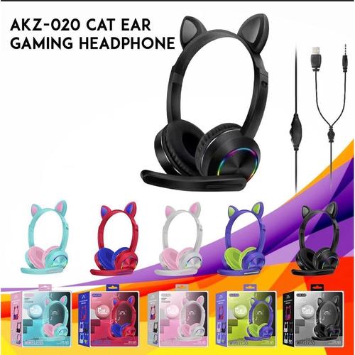Jual Headset Gaming LED Telinga Kucing model AKZ020 with mic Hitam Jakarta Pusat