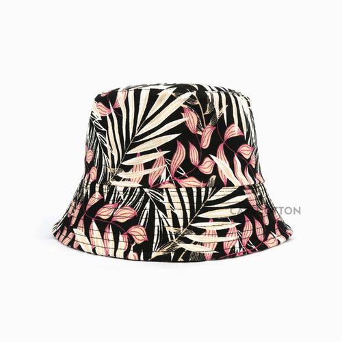 Jual BUCKET HAT MOTIF BLACK PINK LEAF 