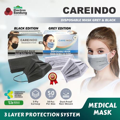 Gambar Masker Medis CAREINDO 3 Ply isi 50 Pcs Earloop Surgical Face Mask - Abu-abu dari electros.bandung Kota Bandung Tokopedia