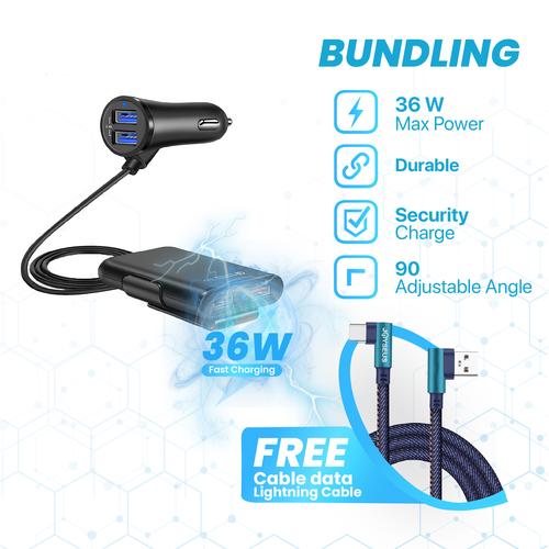 Foto Produk BUNDLING JOYSEUS Car Charger 4 Ports & Kabel data 2.4A KB64/65/66 - LIGHTNING dari Joyseus Official Store