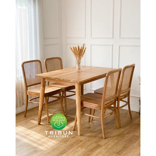 Gambar Meja Makan Minimalis Set Kayu Jati Sandaran Rotan dari Tribun Furniture Kab. Jepara Tokopedia