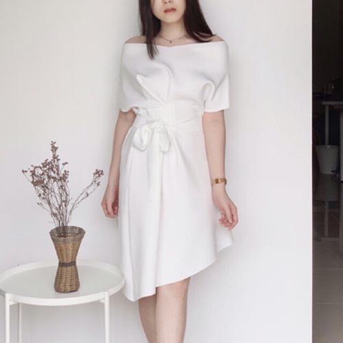 Jual Dress Midi Sabrina Putih Pita Belt 