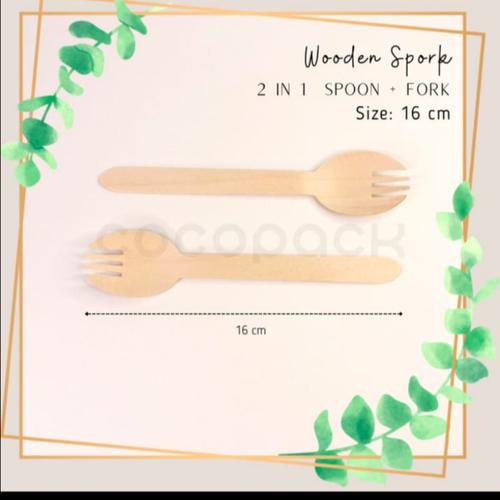 Jual Garpu Sendok Kayu 2in1 16cm Disposable Birch Wood Spork Sekali