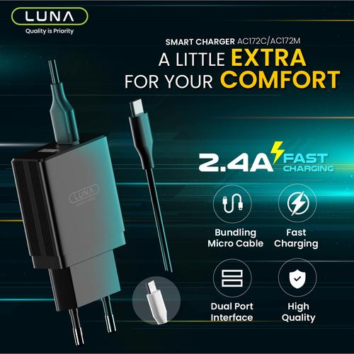 Foto Produk Luna Adater Charger Fast Charging 2.4 A Dual USB Wall Charger Adaptor - Hitam, Free Micro USB dari Luna Life