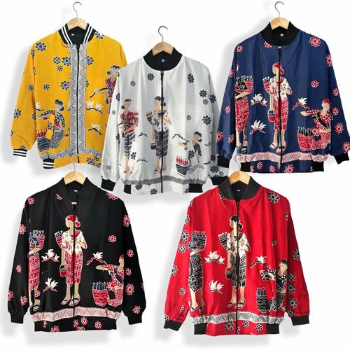 Jual jaket batik bomber wanita modern sporty motif jamu gendong