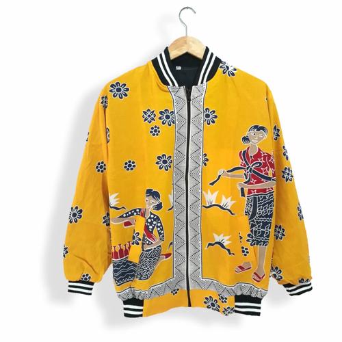 Jual jaket batik bomber wanita modern sporty motif jamu gendong
