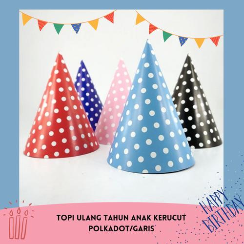 Foto Produk Topi ulang tahun anak kerucut polkadot garis dari puffpopshop