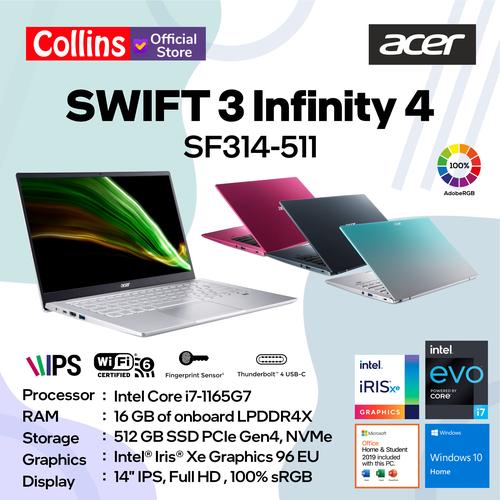 Gambar ACER SWIFT 3 Infinity 4 SF314-511 I7-1165G7 16GB 512GB 14" FHD W10 OHS dari Collins Official Jakarta Pusat Tokopedia