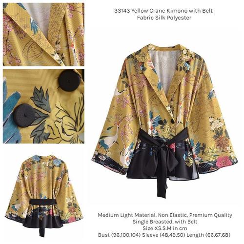 Yellow Crane Kimono with Belt (size 