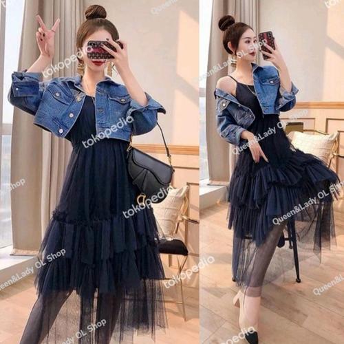 Jual maxi dress denim jeans jacket 