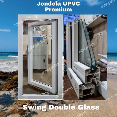 Jendela UPVC double glass putih tipe swing dan jungkit dengan bingkai premium