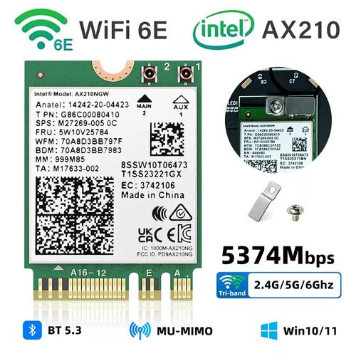 Zunate Scheda WiFi AX210NGW Scheda Wireless per Laptop WiFi 6E M.2 per Win 10/11 64bit 2.4G/574Mbps 5G/2400Mbps 6G/2400Mbps Bluetooth 5.3 WPA3 Sicurezza di Rete
