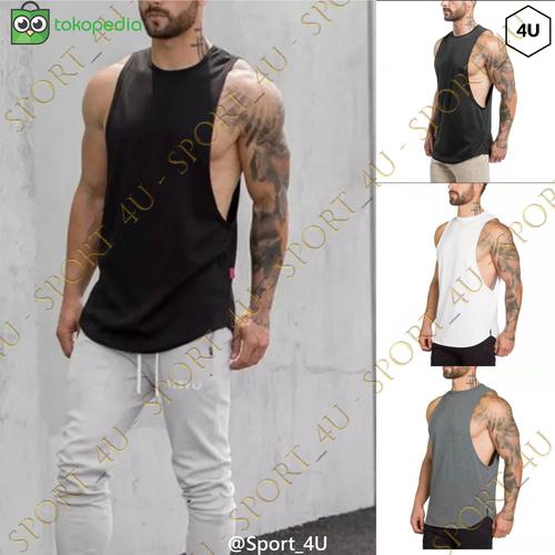 Jual MUSCLE TEES LOW CUT LEKBONG SINGLET GYM Putih, Standard