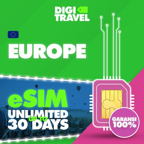 Promo DIGI TRAVEL eSIM Europe Unlimited eSIM Eropa 2GB/day, 20 Hari
