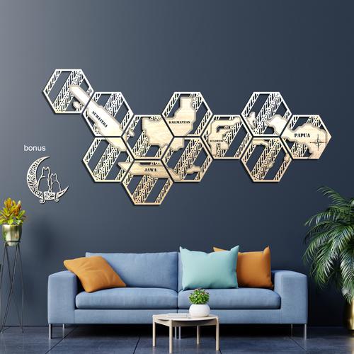 Jual Dekorasi Dinding Kayu Peta Indonesia Hexagonal 1.4m Hiasan Ruang