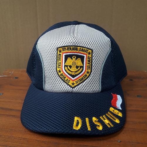 jual-topi-dishub-jaring-logo-tulisan-bendera-topi-perhubungan-biru